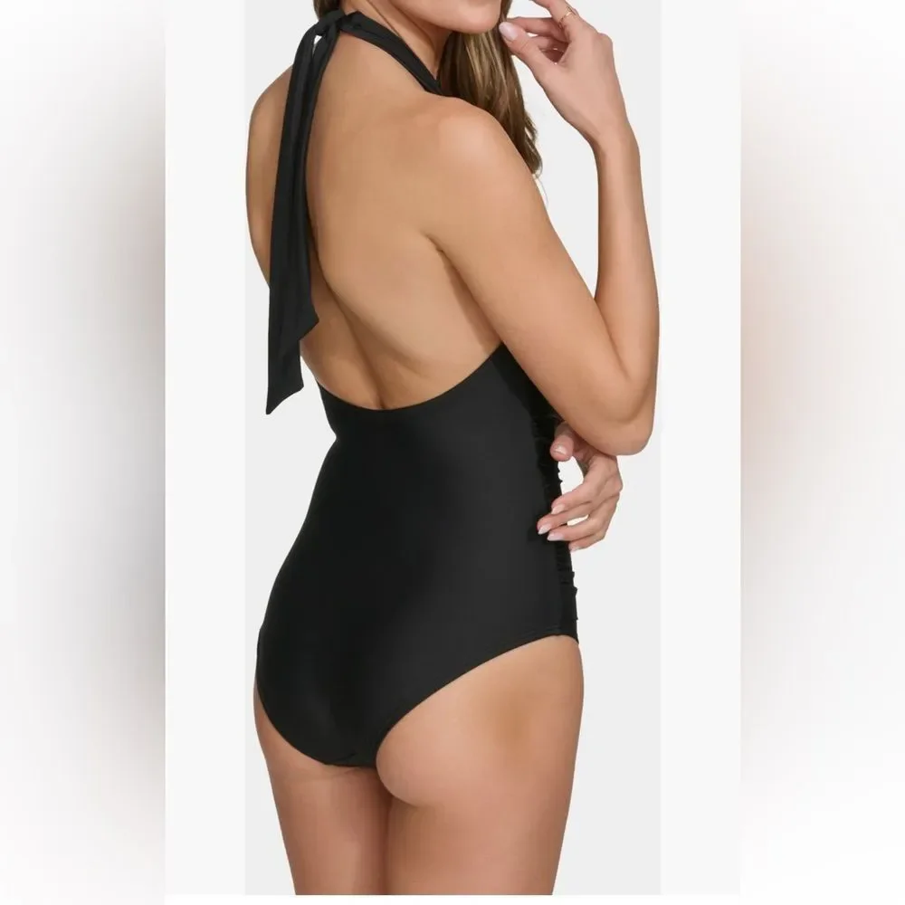 New DKNY Halter One-Piece Swimsuit Size Large in Black - Picture 2 of 11